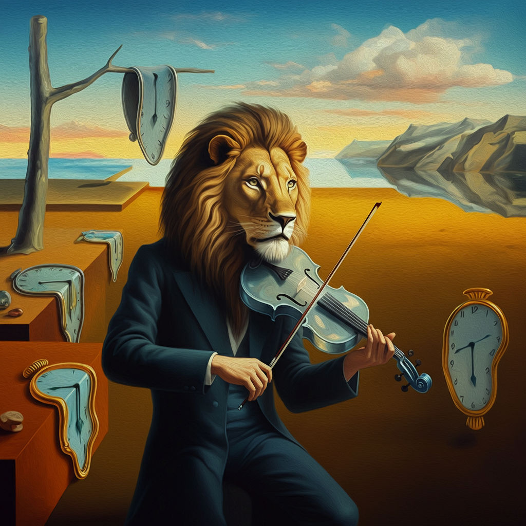 the dressed manlion playing the violin to melting clocks