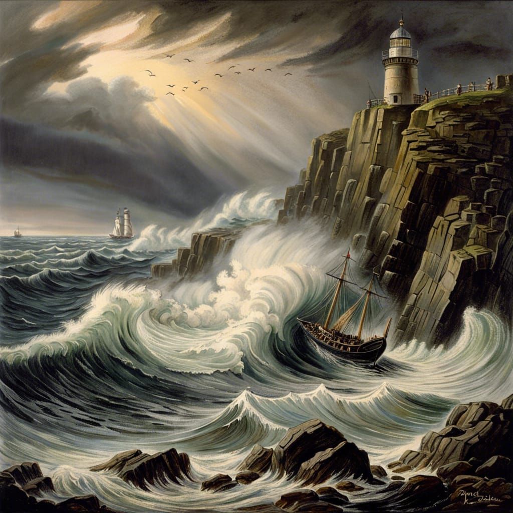 Large Waves hitting a rocky shore, pastels, by Beatrix Potte...