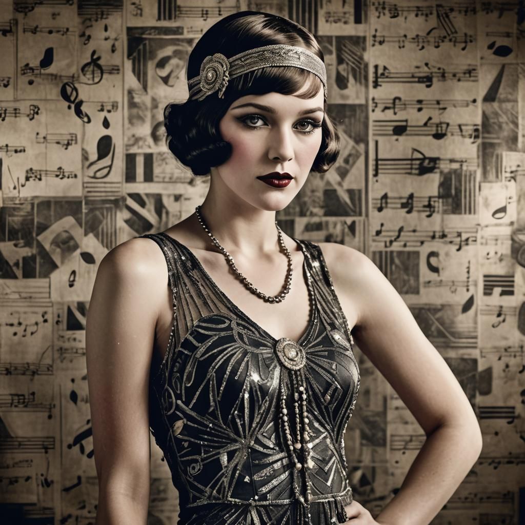 1920s flapper dress printed with music notes intricate detai...