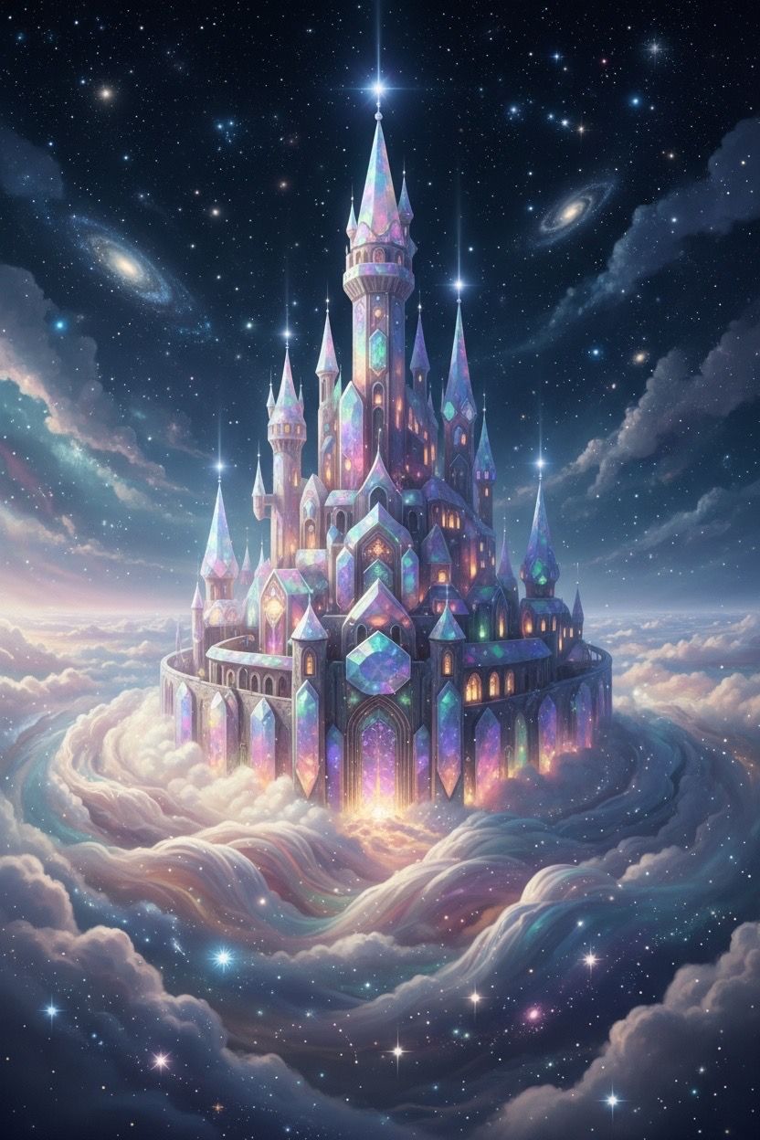 Magical Castle, made of opalescent gemstones: Nano Banana