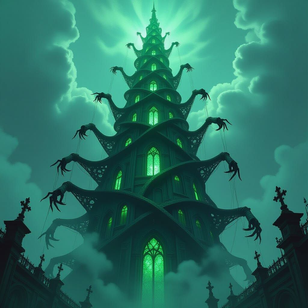 Twisted Spire of Spiderwebs with Eerie Green Light