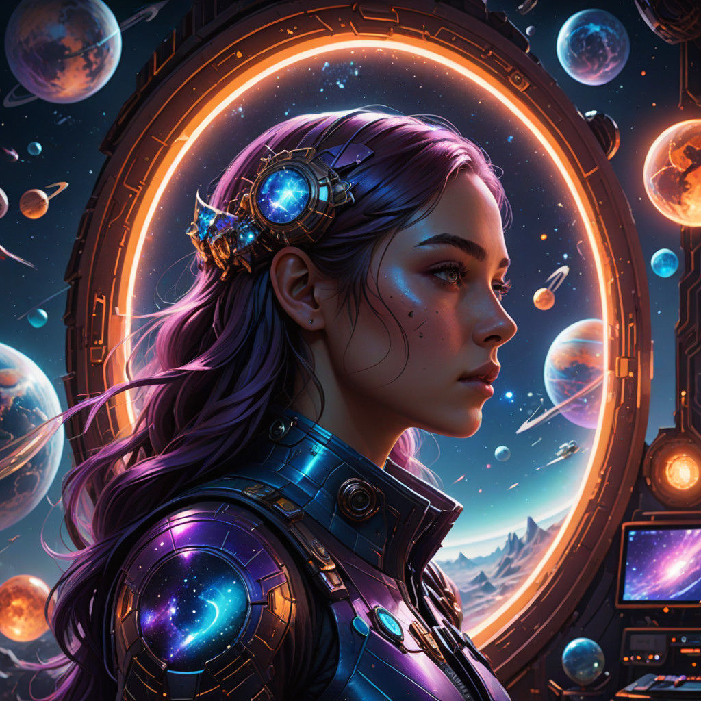 Ethereal Girl in Cosmic Mirror, Surreal Fantasy Art