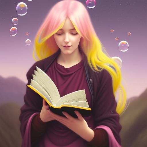 Girl Reading in Mountains: Hyperdetailed Art Nouveau Portrai...