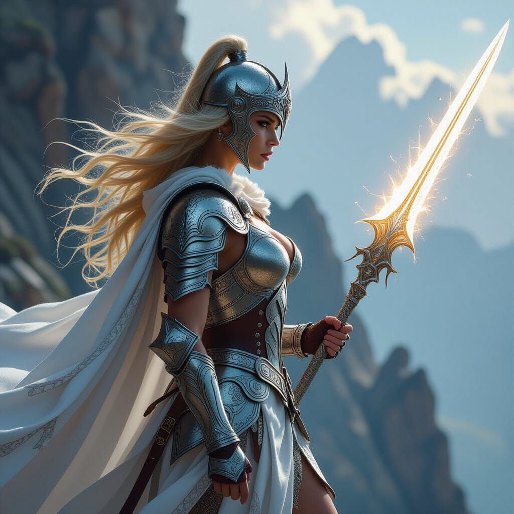 A stunningly beautiful valkyrie warrior stands on a windswept cliff, her silver helmet gleaming in the sunlight, her long hair flowing in th...