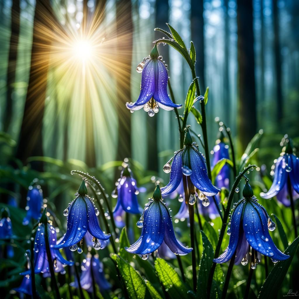 Dew drops glistening on blue bells in a forest with sun beams  by @Juniper Less