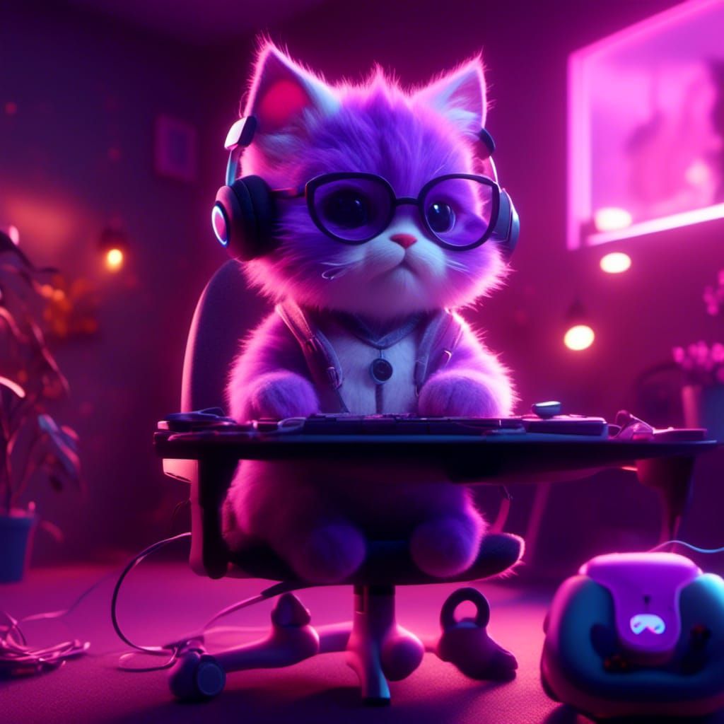 <lora:Kyoot:1.0> Fluffy, purple and pink and white neon, cute cartoon kitten playing Nintendo with a controller and wearing headphones, sitt...
