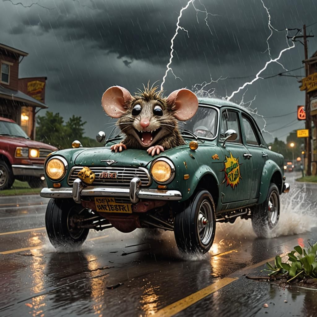 Ratfink mouse driving in a thunderstorm.