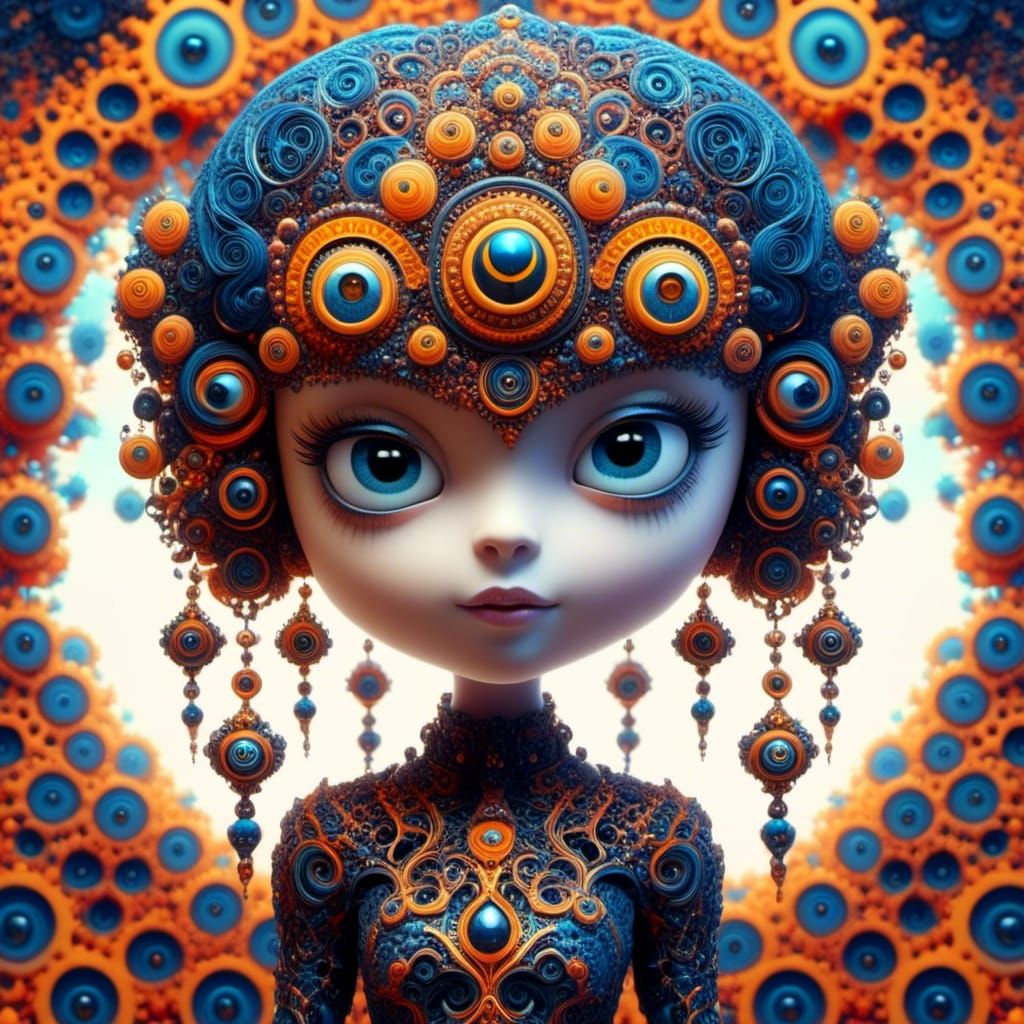 <lora:Fractalicious:1.0> "Close up Head and shoulder of a mythical Voodoo Wednesday Addams Minion_crafted from intricated Fractal patterns,...