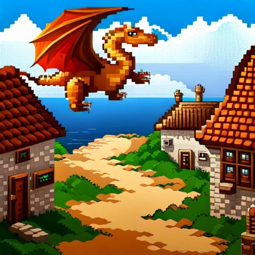 Pixel Art : A dragon flying over a village near tne sea