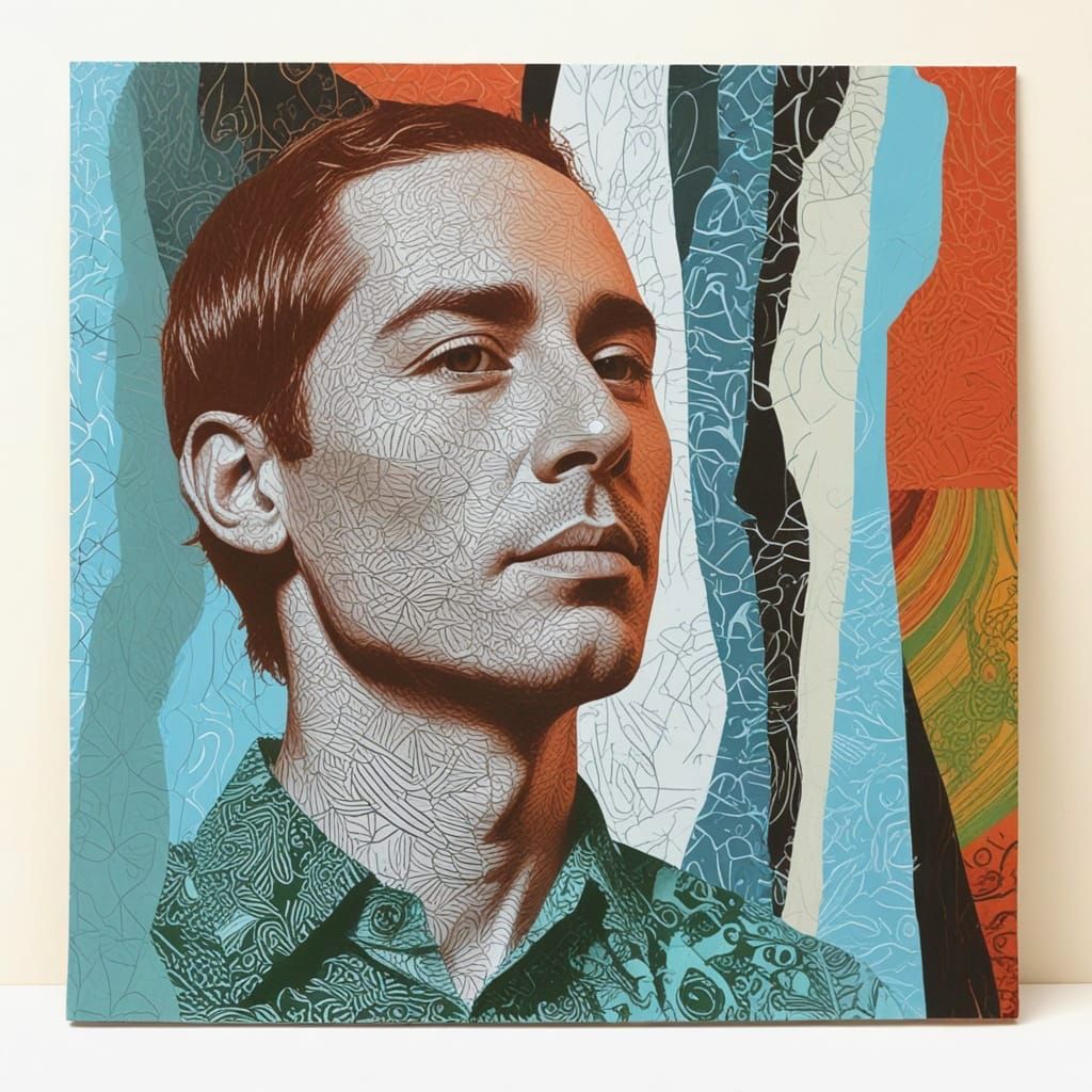 Collaged Male Portrait with Intricate Line Drawing