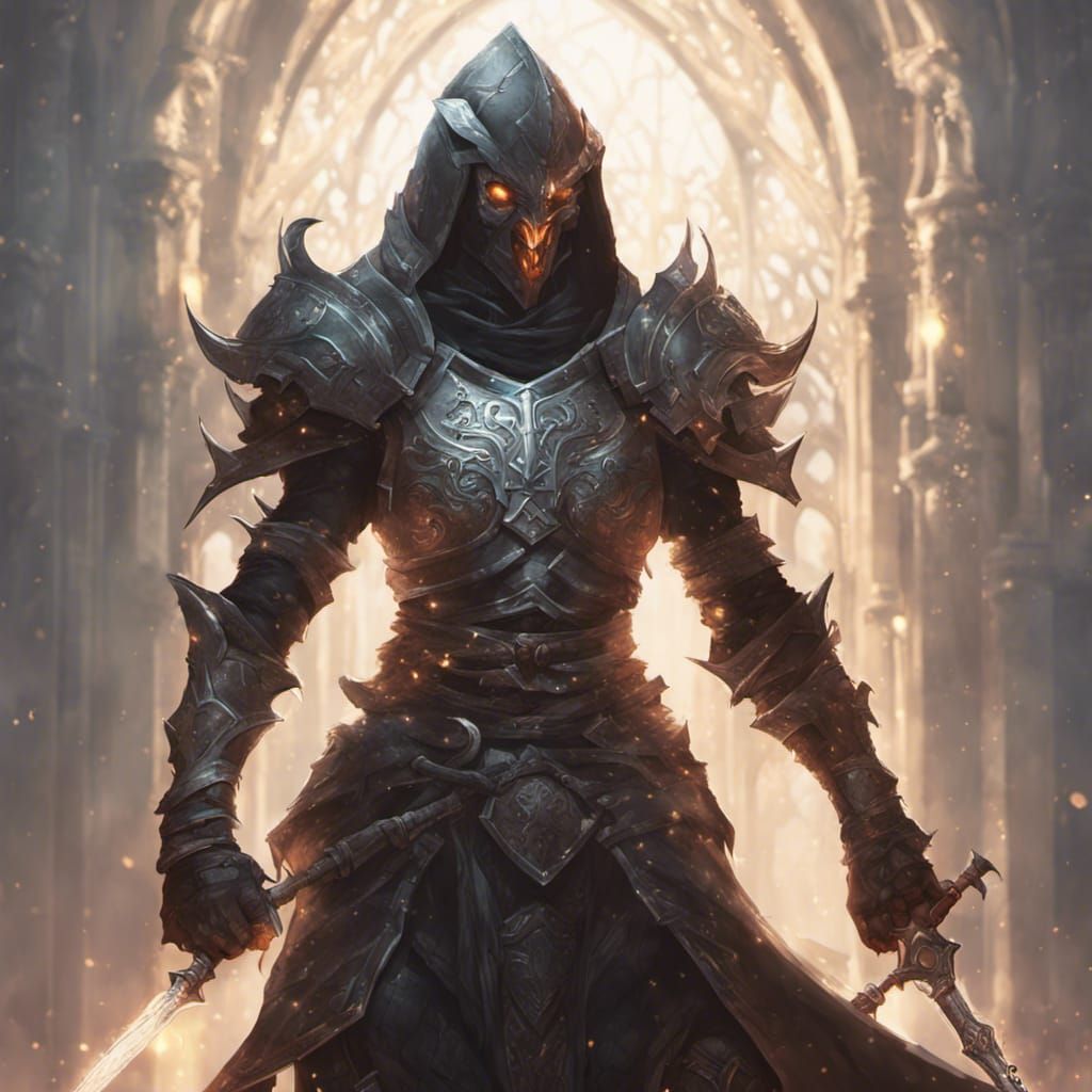 Hooded Tiefling Paladin holding a glowing white sword wearin...