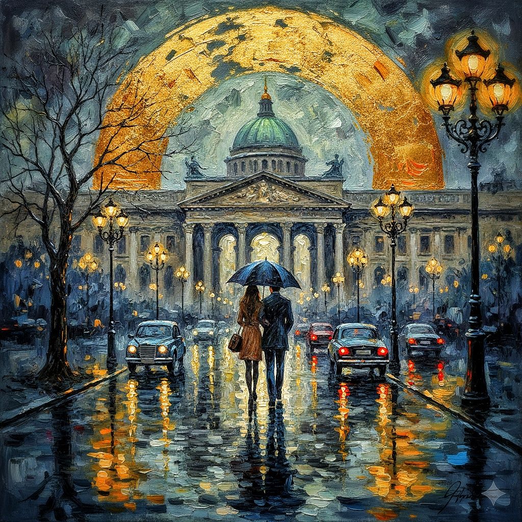 Golden rainy night