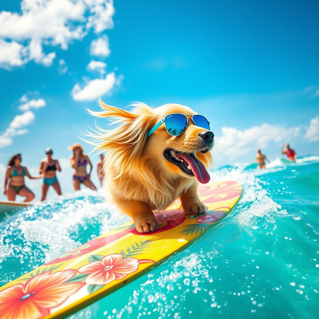 A Playful Surfer Dog Riding the Waves in the Ocean  by @RC
