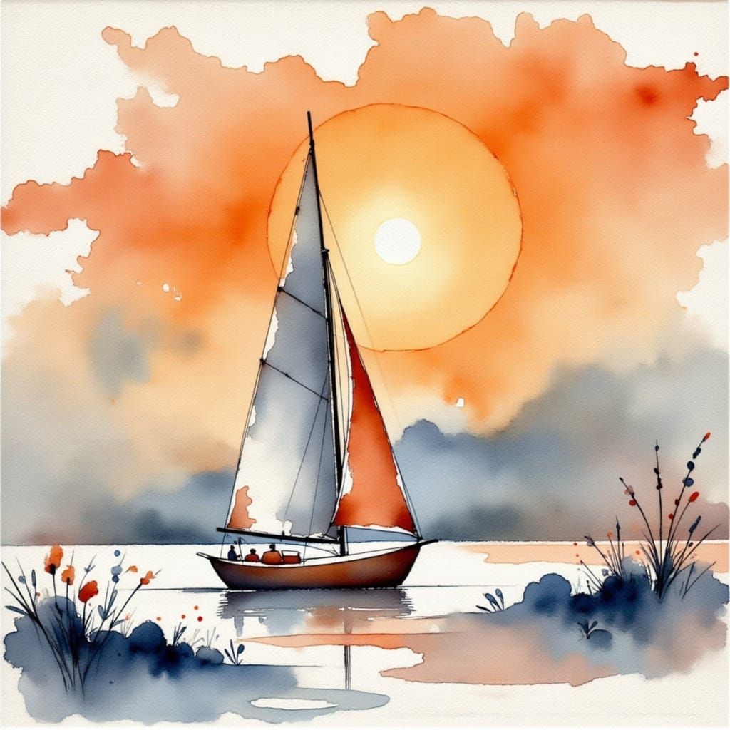 Silver yacht sails against a giant orange setting sun, zoom lens, aquarelle watercolour, brush strokes, soft textures <lora:Earth and water:...