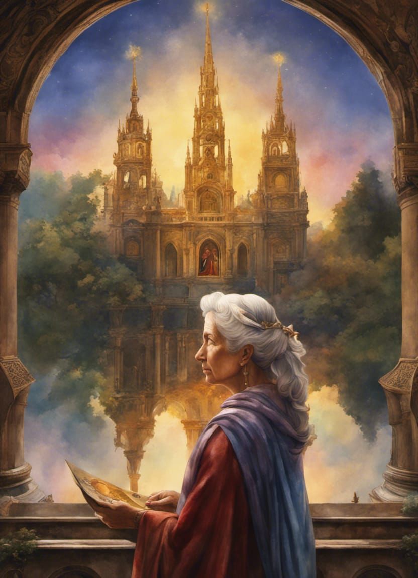 watercolor of a 50 year old lady looking at the image of Our...
