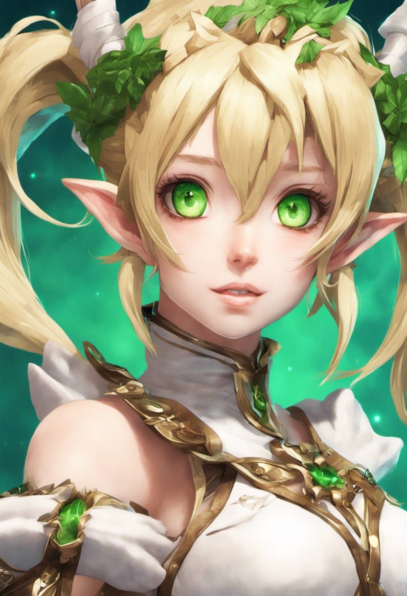 beautiful anime elf girl with blonde long twin tails hair an...