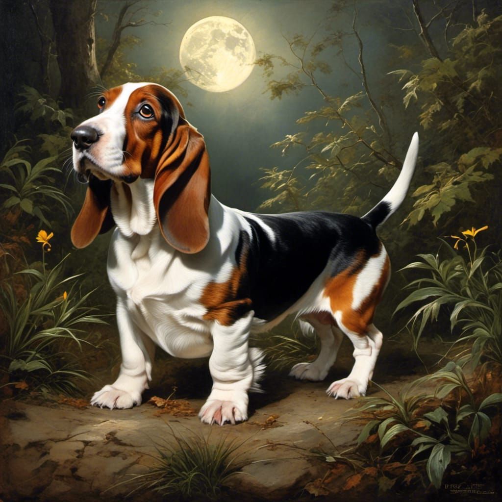 Baby basset hound back lit by a forest waning moon, by Michelangelo. <lora:di Michelangelo:1.0> 