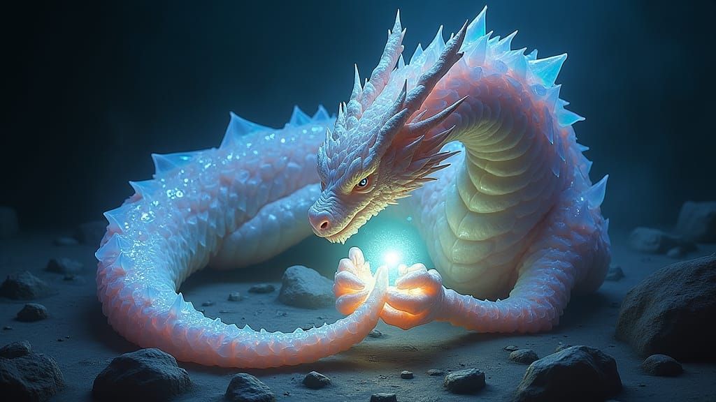 A close-up of a dragon wrapped around a magical artifact, highlighting its intricate scales  by @Papilou