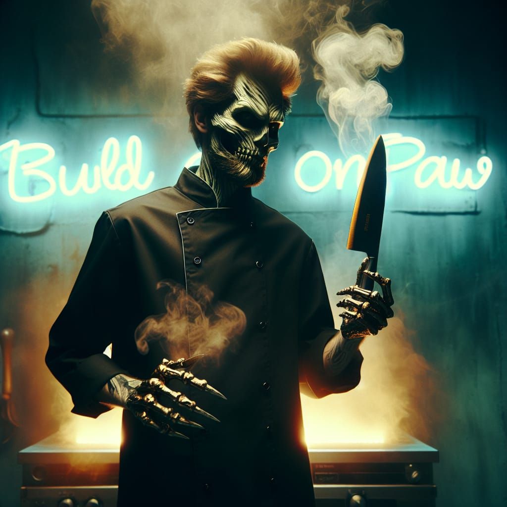 A glowing Undead Chef in a blockchain kitchen, black chef jacket , his body smoking and he is holding a golden chef knife in his hand. Neon...