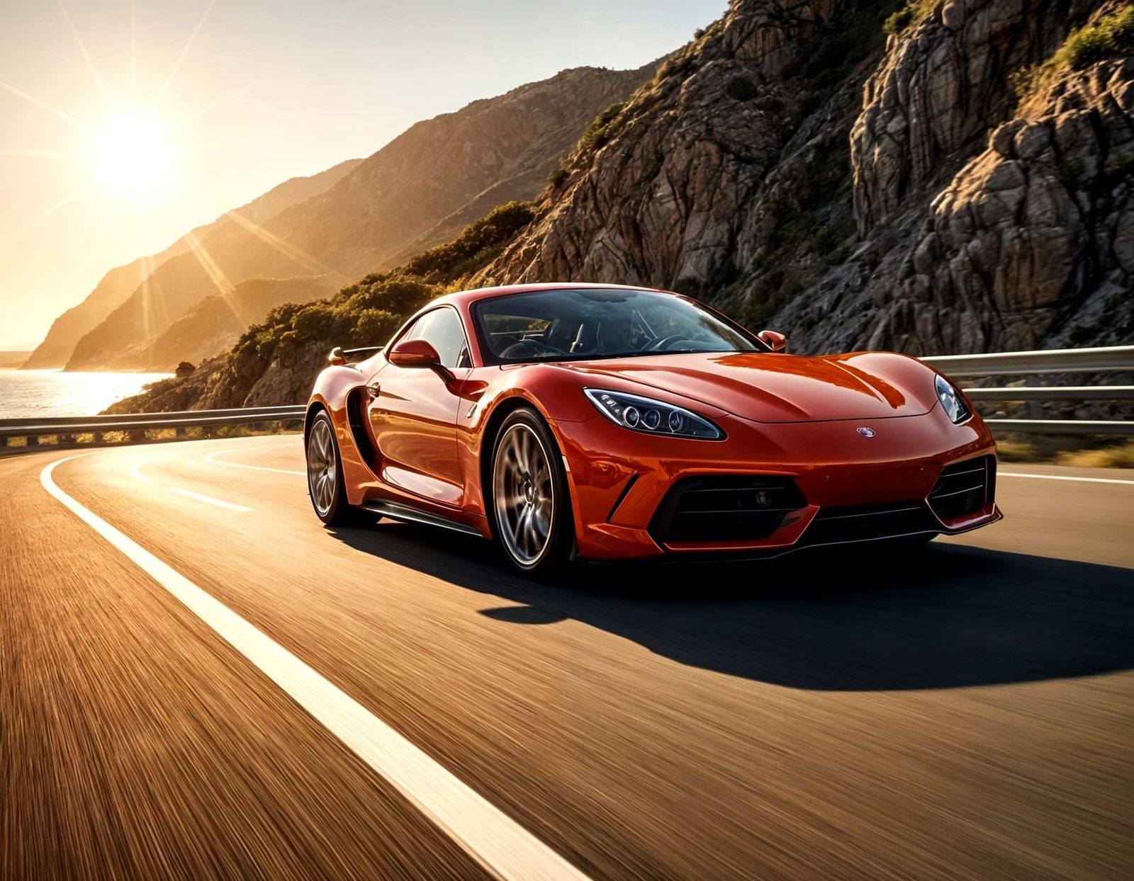 Create a high-resolution digital artwork of a sleek, modern red sports car with a futuristic, unbranded ...  by @Quebra