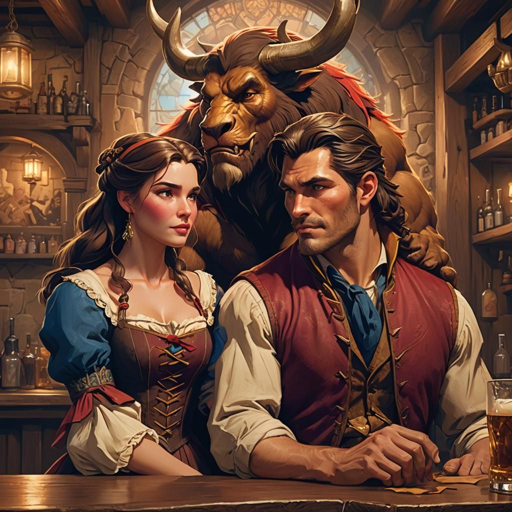 Gaston and Belle at the local tavern with the beast's head s...