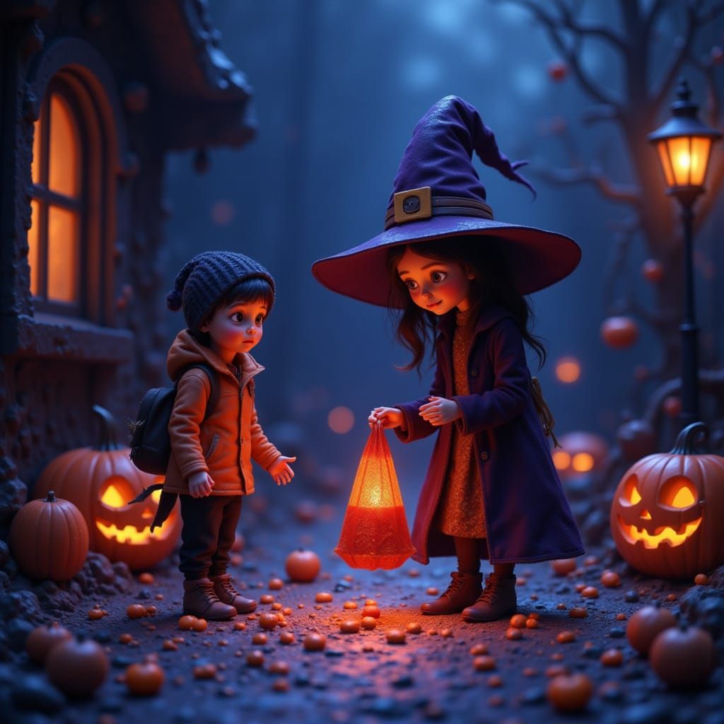 Enchanting Halloween Scene with Cute Characters in Watercolo...