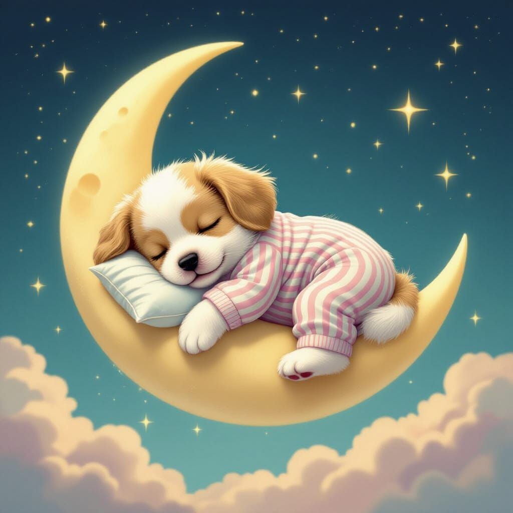 Surreal Puppy Sleeps on Moon in Ethereal Space Style