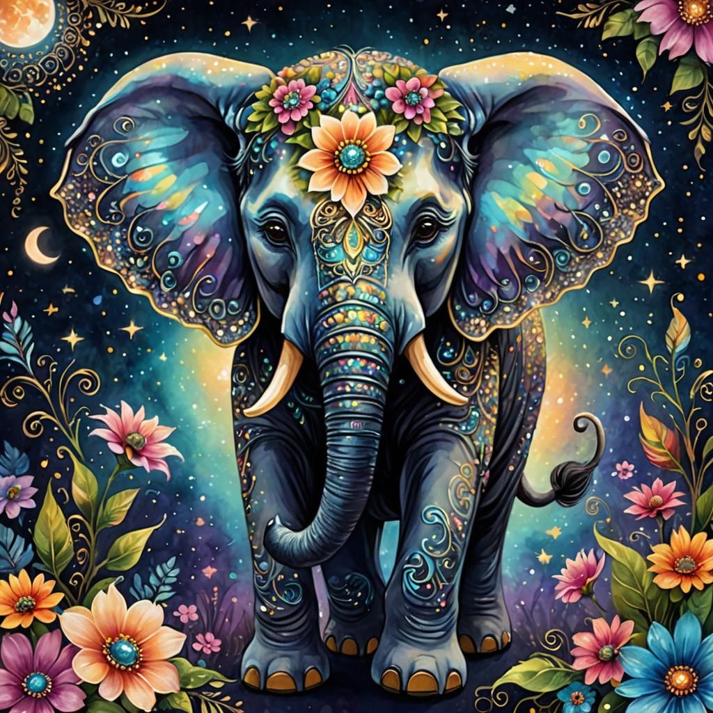 Whimsical Iridescent Elephant in Magic Realism Style