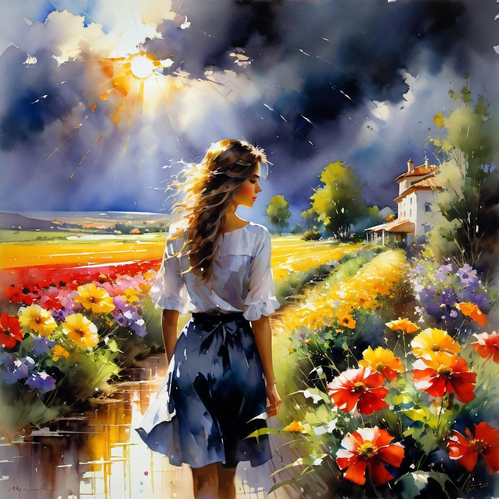 watercolor landscape of  flower fields.  by @Terra