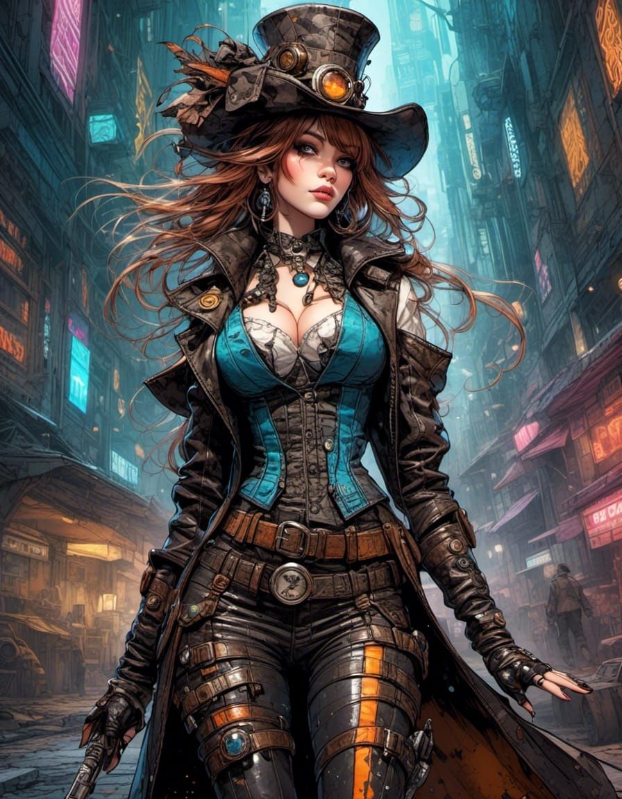 <lora:5Emodern:1.0> <lora:CUD:1.0> ultrafine full portrait HD 3D Octane HD Image; Beautifully Authentic curvaceous steampunk witch in border...