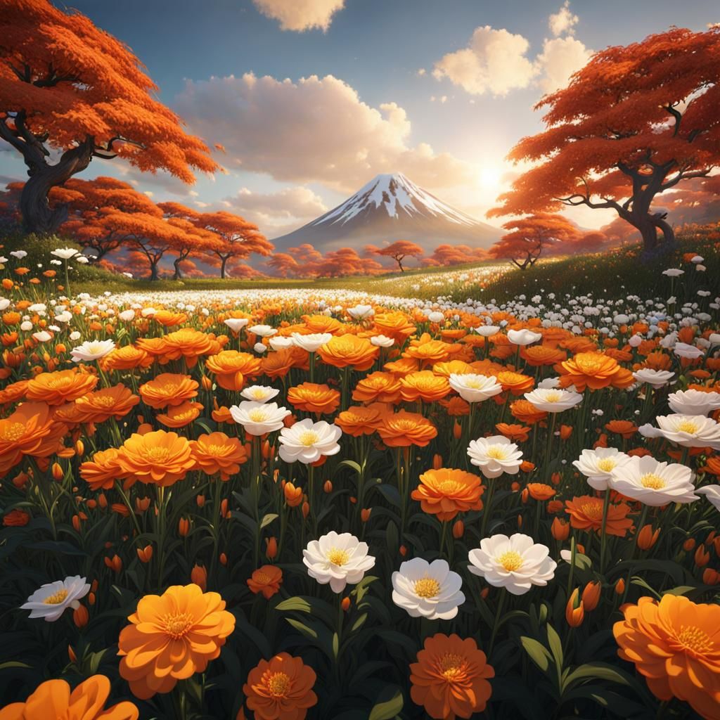 Japanese flower field with orange, yellow, and white   by @mrflemingo