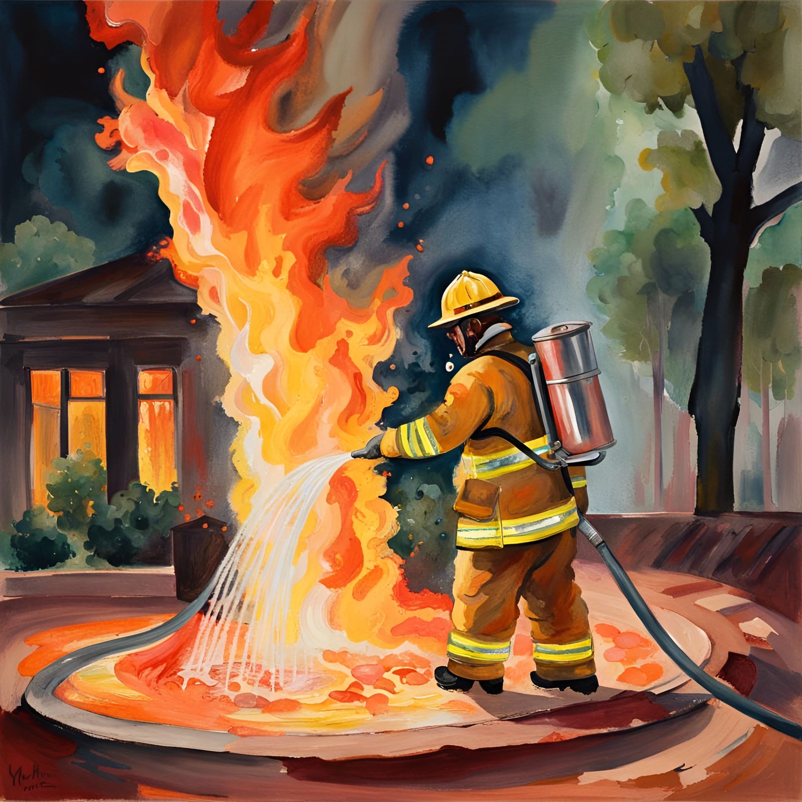 A firefighter in protective garment is using a hose with spr...