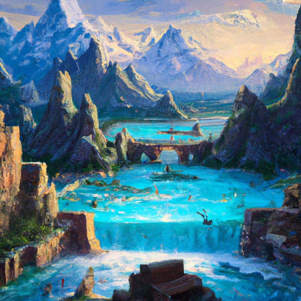 Surreal Oasis with Waterfalls and Snowy Mountains