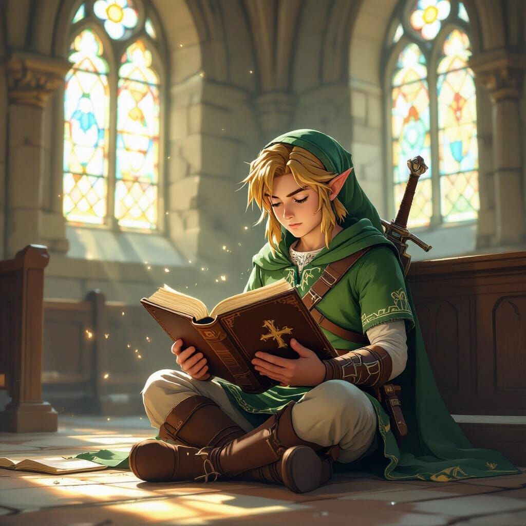 After many hard battles, Link decides to change his way of life, and starts reading a Bible!!