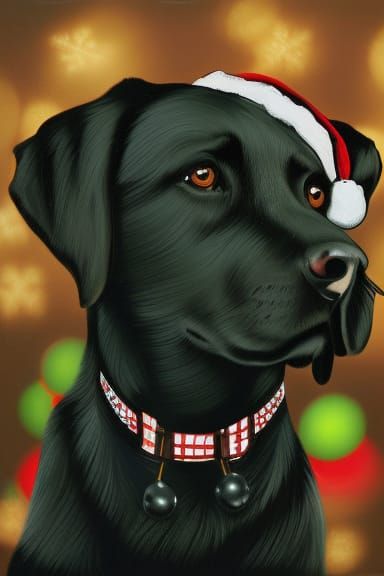Black lab Christmas Card. Bokeh lights, snow very detailed rendering