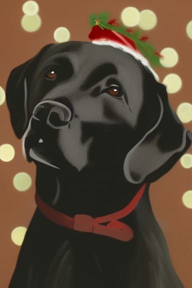 Black lab Christmas Card. Bokeh lights, snow very detailed rendering