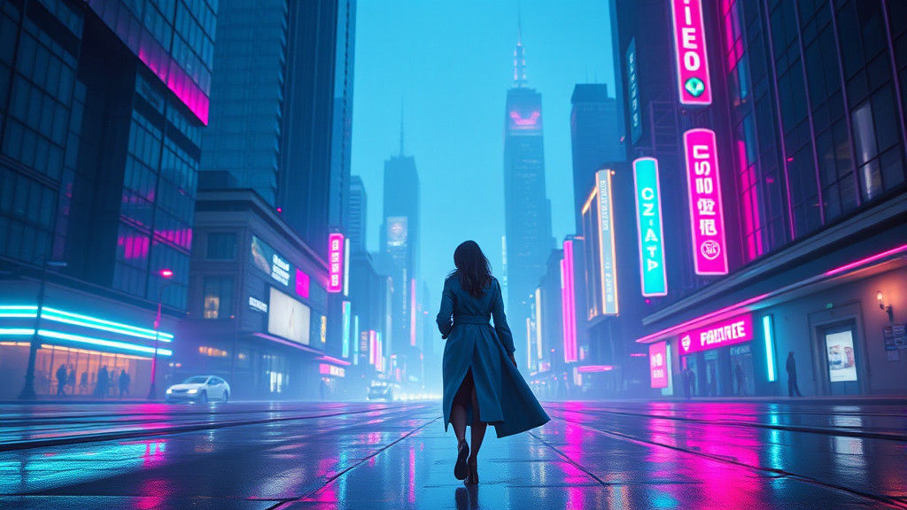 "A futuristic city glowing under the blue hour, with neon lights reflecting on wet streets."