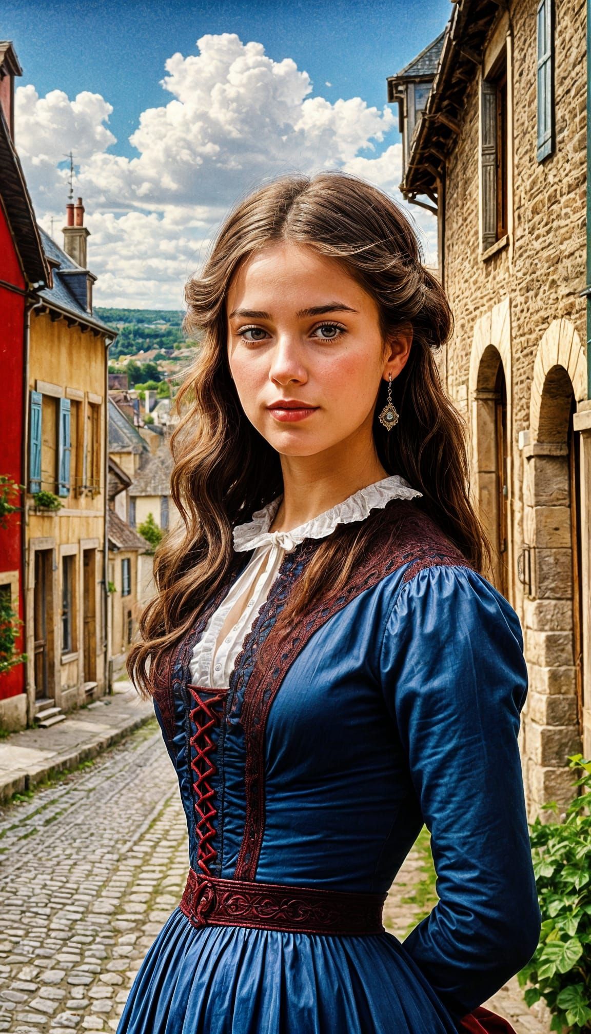 beautiful girl 1870 small town in france art in oil style hy...