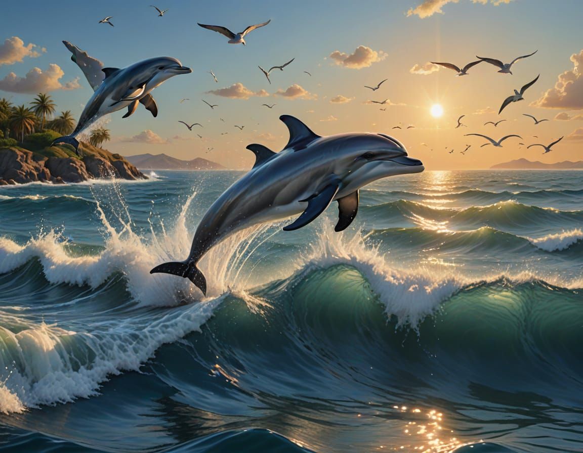 Gerçekçi bir şekilde manzara resmi. Bir yunus denizden disarı zıplıyor martılar balık yakalamak için bazıları denize dalıyor baziları denizi...