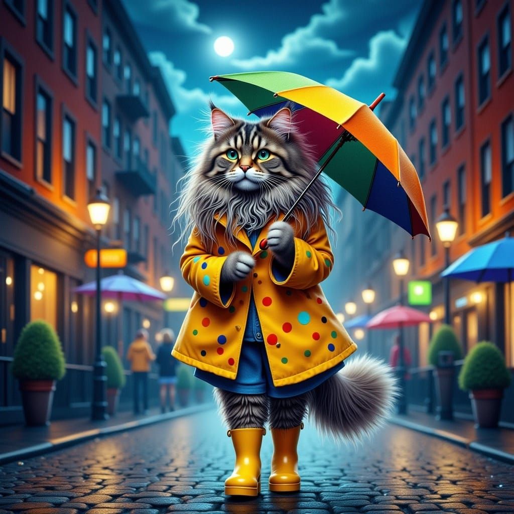 <lora:Langhaarige Katzen:1.0> an anthropomorphic whimsical long haired cat, face to the viewer, wearing a polkadotspot raincoat and matching...