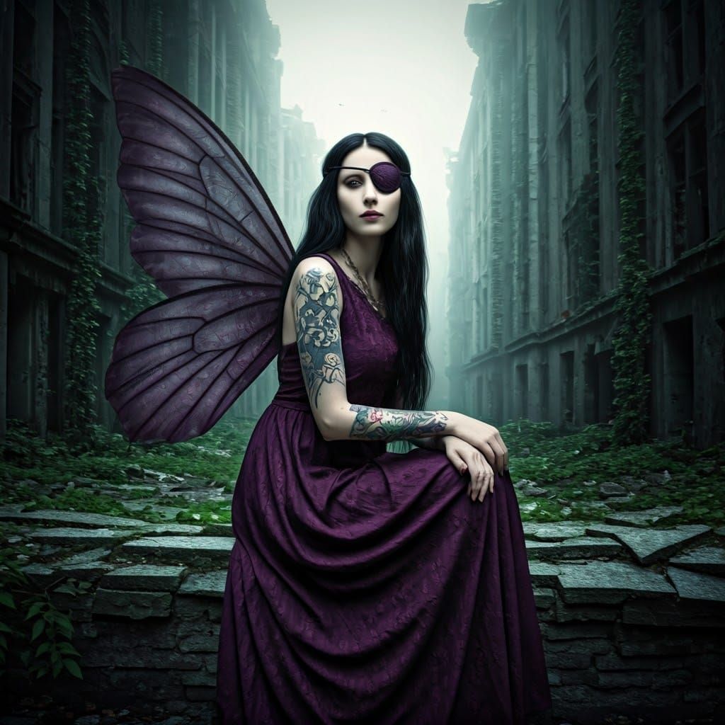 Dynamic side view portrait of a gothic fairy in abandoned city wearing a purple dress and eyepatch 