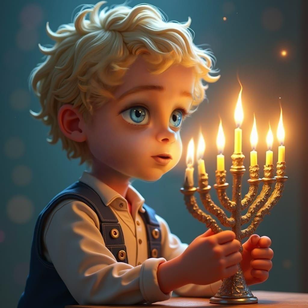 ילד יהודי עם שיער בלונדיני ועניים כחולות פרצף בהיר ומחויך מדליק נרות בחנוכיה מכסףו