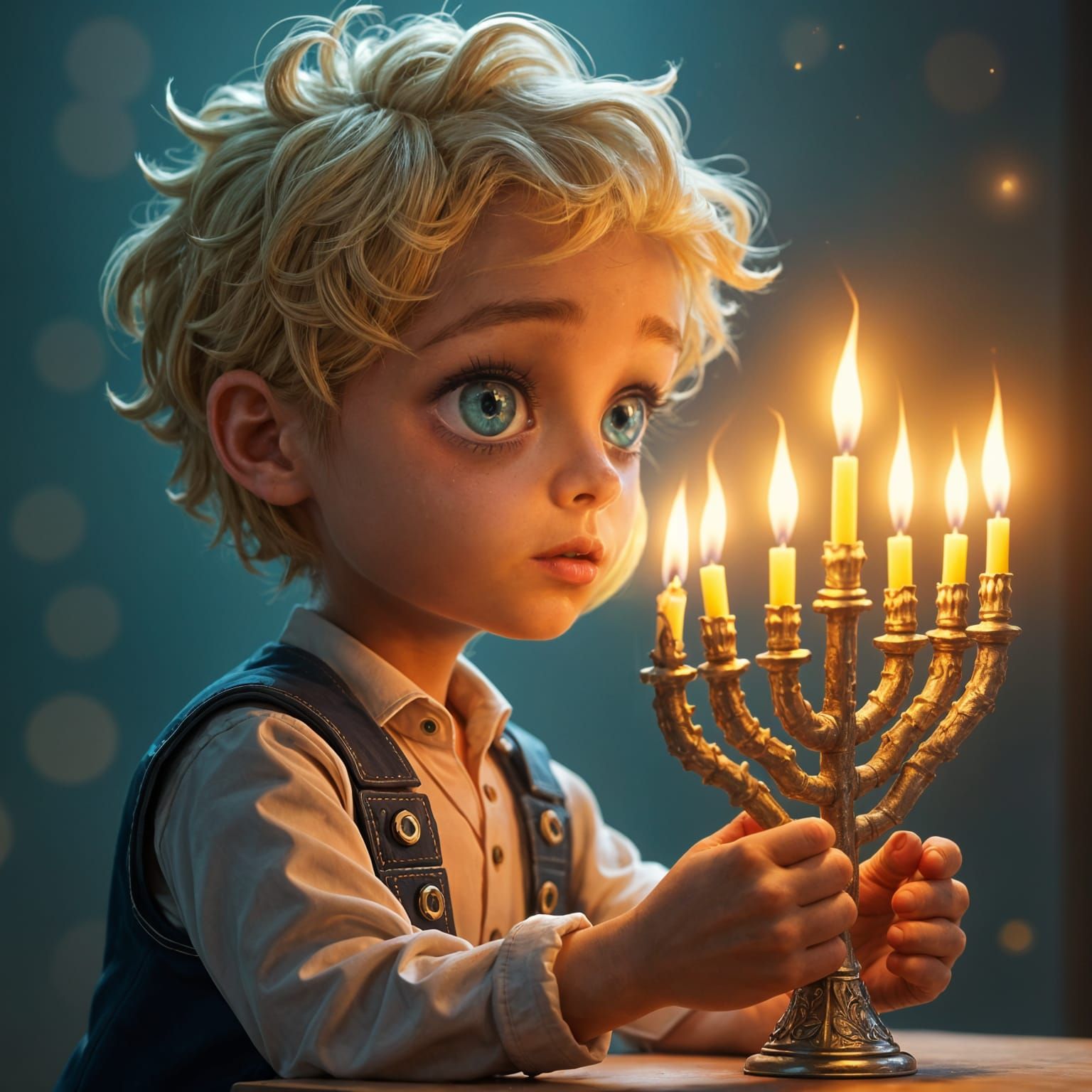 Jewish Child Lighting Hanukkah Candles: Detailed Digital Art