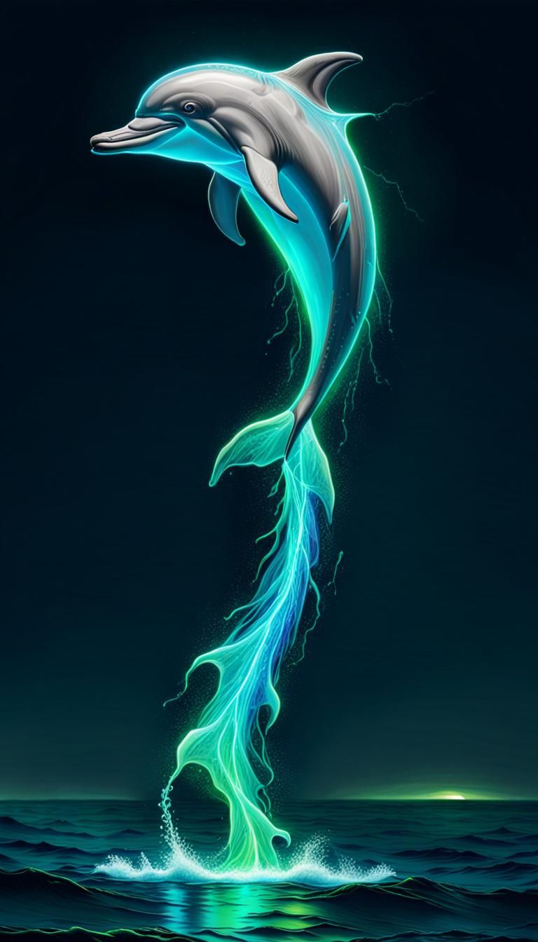 a dolphins tail drawing a bioluminescent neon blue green trail across the surface of the ocean nighttime ...  by @faith