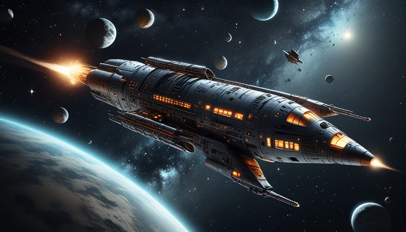 A drawing of a spaceship flying through space with rocket engines propelling it, lots of ...  by @Dantonio