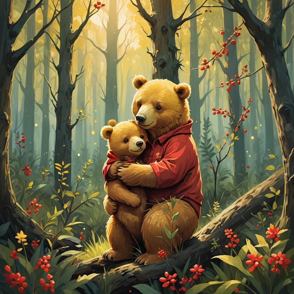Yellow Bear in Magical Forest Illustration