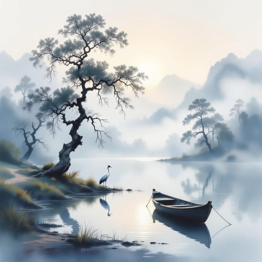 Eine Szene einer Landschaft mit Bäumen, die in Nebel gehüllt sind, die Büume stehen am Rand eines Sees ...  by @Mona