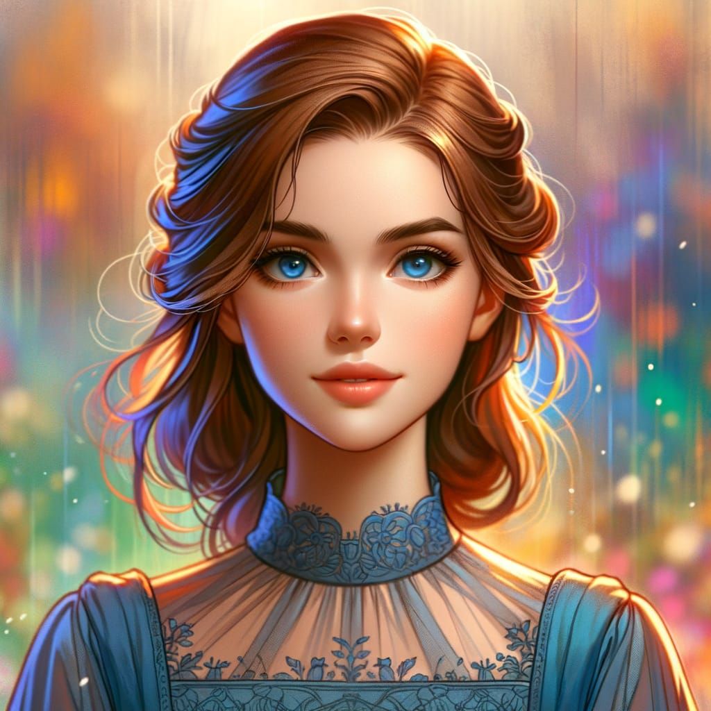 "A character portrait of Triss Merigold from Andrzej Sapkowski's Witcher book series. Book-accurate depiction: chestnut brown hair, blue eye...