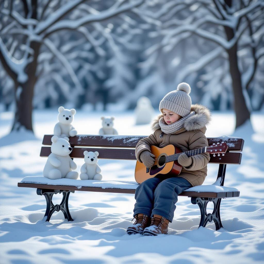 Lonely Child with Guitar on Snowy Bench