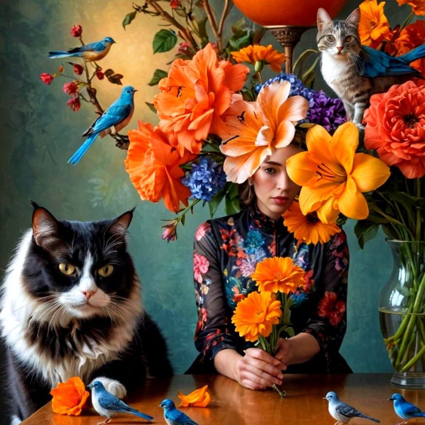 Mystical Lady with Cat in Hyperrealistic Style